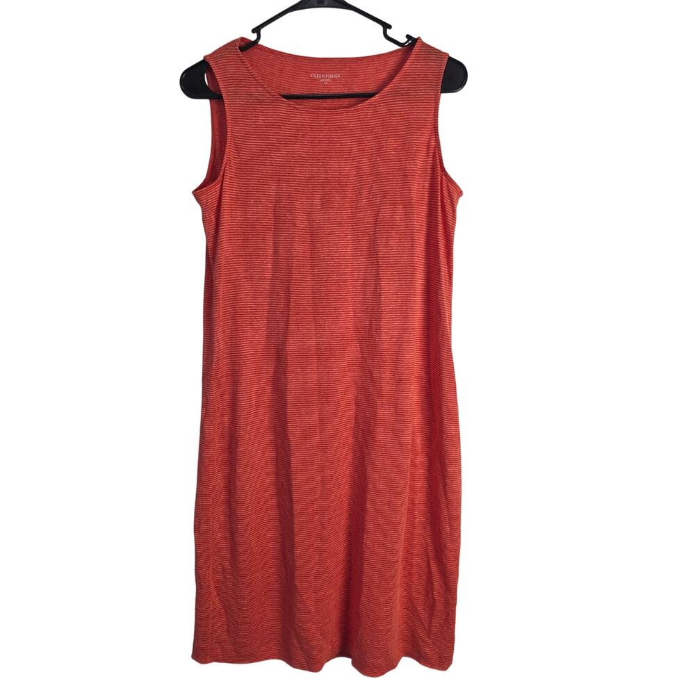 Eileen Fisher Midi Dress XS Womens Linen Orange Striped Summer Beachy Vacation